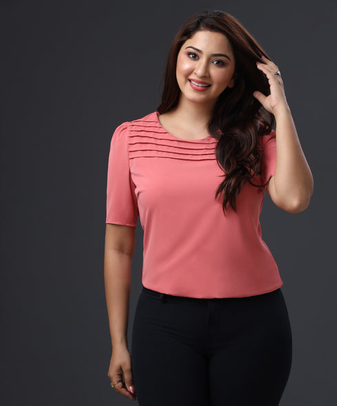 Pleated Half Sleeve Chiffon Pink Top